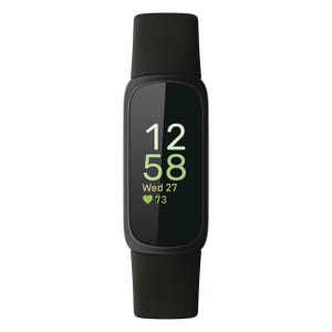 A sleek black fitness tracker with a digital display showing the time, date, and heart rate in green text.