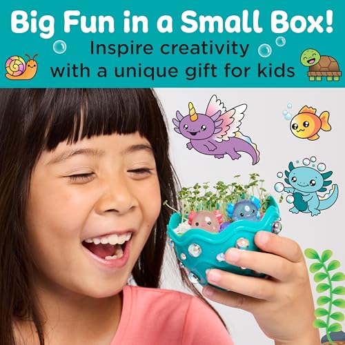 A child excitedly holds a decorative planter with sprouts, surrounded by playful cartoon creatures, promoting a unique gift that inspires creativity for kids.
