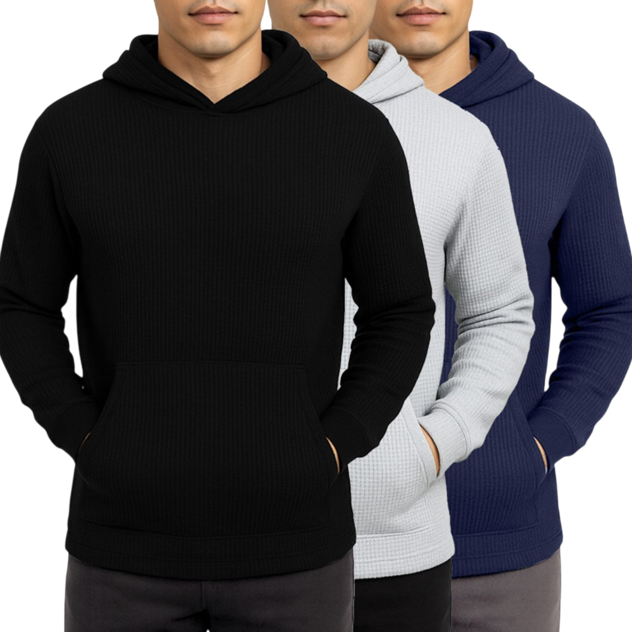 Three men wearing waffle-knit hoodies in black, light gray, and navy blue, each with a front pocket and hood.