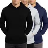 Three men wearing waffle-knit hoodies in black, light gray, and navy blue, each with a front pocket and hood.