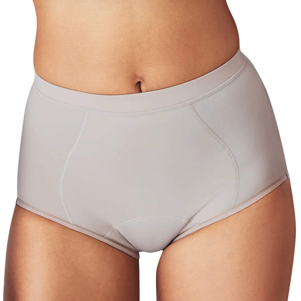 High-waisted underwear in a neutral tone with seam detailing, designed for coverage and comfort.