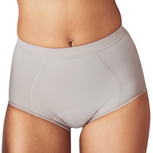 High-waisted underwear in a neutral tone with seam detailing, designed for coverage and comfort.