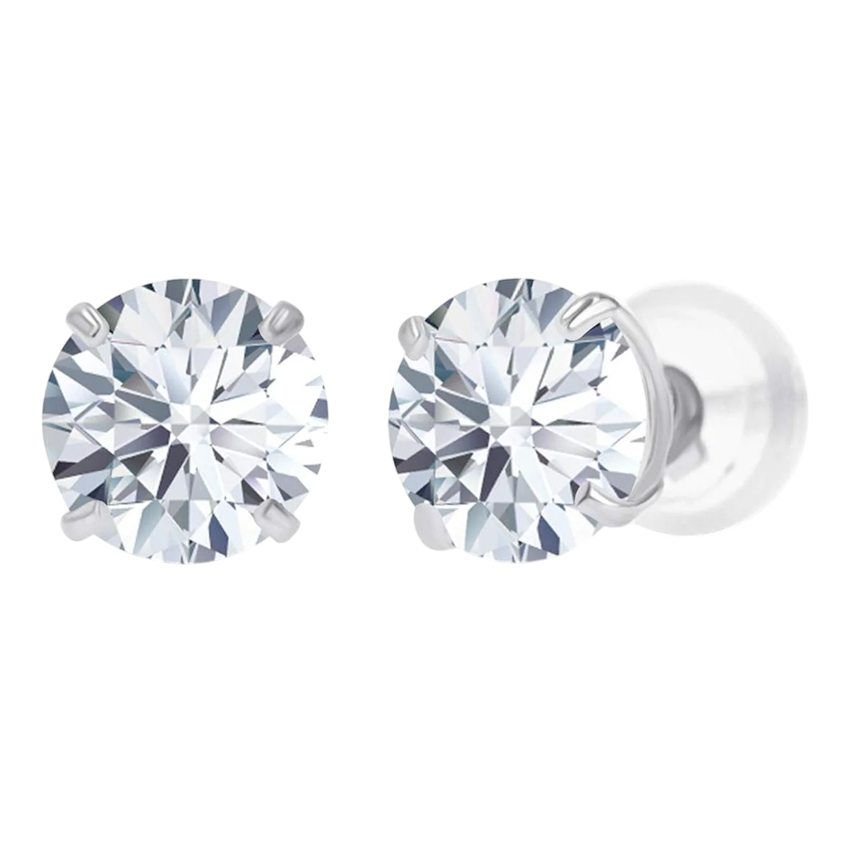 A pair of round diamond stud earrings with a four-prong setting and a reflective, polished metal backing.