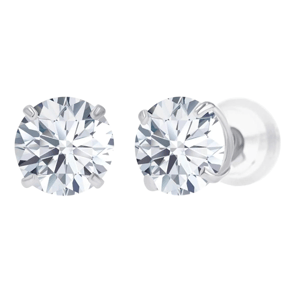 A pair of round diamond stud earrings with a four-prong setting and a reflective, polished metal backing.