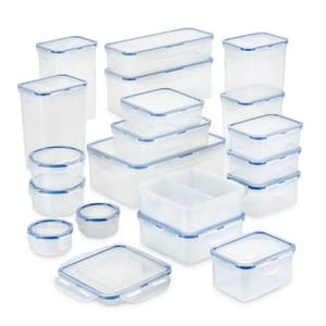 A 38-piece food storage container set with clear, airtight containers featuring blue seals. The set includes various shapes and sizes, perfect for organizing and storing food securely.