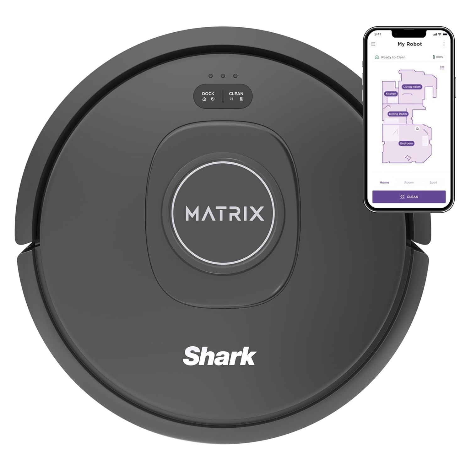 Refurbished Shark Matrix Robot Vacuum, featuring app control on a smartphone for mapping and cleaning. The vacuum is round, gray, with the \“MATRIX\“ label and buttons for docking and cleaning.