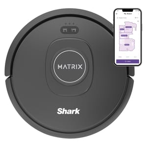 Refurbished Shark Matrix Robot Vacuum, featuring app control on a smartphone for mapping and cleaning. The vacuum is round, gray, with the \“MATRIX\“ label and buttons for docking and cleaning.