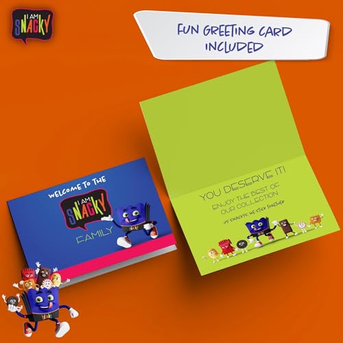 Greeting card titled “Welcome to the Snacky Family” with colorful snack characters, featuring a message inside: “You Deserve It! Enjoy the Best of Our Collection of Snacks.” Fun graphics and text are included.