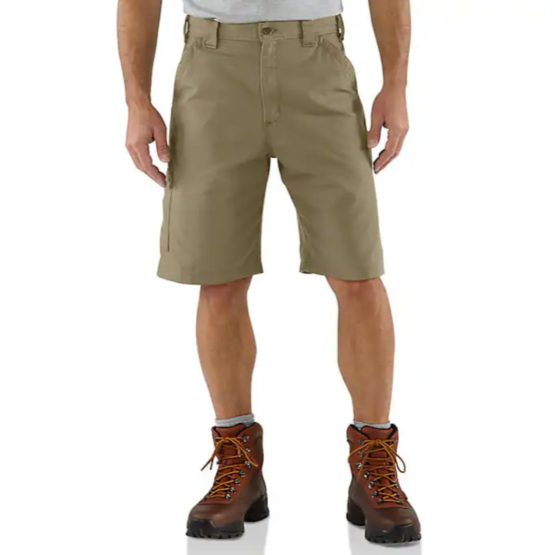 Khaki cargo shorts paired with brown hiking boots.