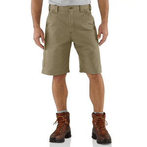Khaki cargo shorts paired with brown hiking boots.