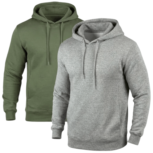 Two hooded sweatshirts are shown: one in olive green and the other in light gray. Both have drawstrings and ribbed cuffs and hem.