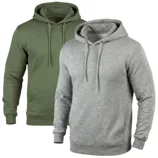Two hooded sweatshirts are shown: one in olive green and the other in light gray. Both have drawstrings and ribbed cuffs and hem.