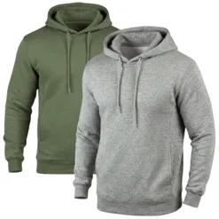 Two hooded sweatshirts are shown: one in olive green and the other in light gray. Both have drawstrings and ribbed cuffs and hem.