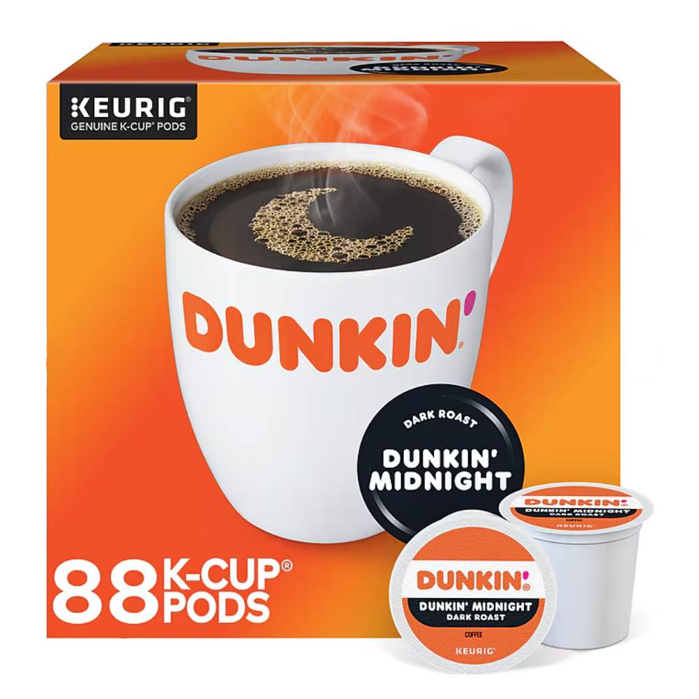 Dunkin' Midnight Dark Roast K-Cup Pods for Keurig, 88-count package.