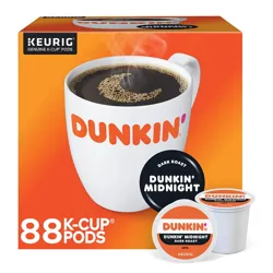 Dunkin' Midnight Dark Roast K-Cup Pods for Keurig, 88-count package.
