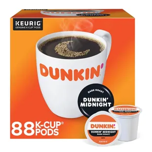Dunkin' Midnight Dark Roast K-Cup Pods for Keurig, 88-count package.