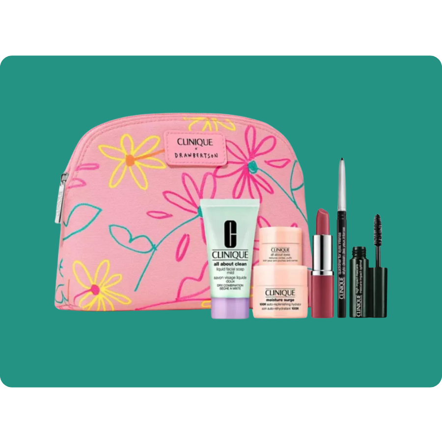 Clinique makeup set featuring a pink floral pouch, All About Clean liquid face soap, Moisture Surge moisturizer, lipstick, eyeliner, and mascara.