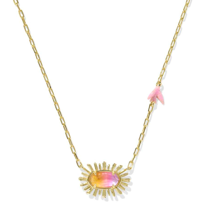 Gold chain necklace featuring an oval pink and orange stone with sunburst-like gold accents, accompanied by a small pink bird charm on the chain.