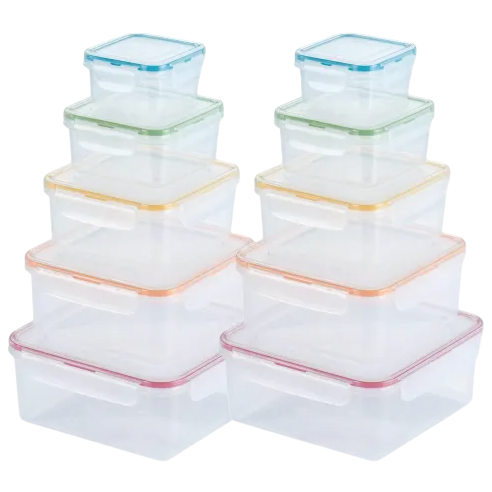 A set of transparent, stackable food storage containers with multicolored lids, varying in size.