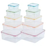 A set of transparent, stackable food storage containers with multicolored lids, varying in size.