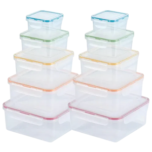 A set of transparent, stackable food storage containers with multicolored lids, varying in size.