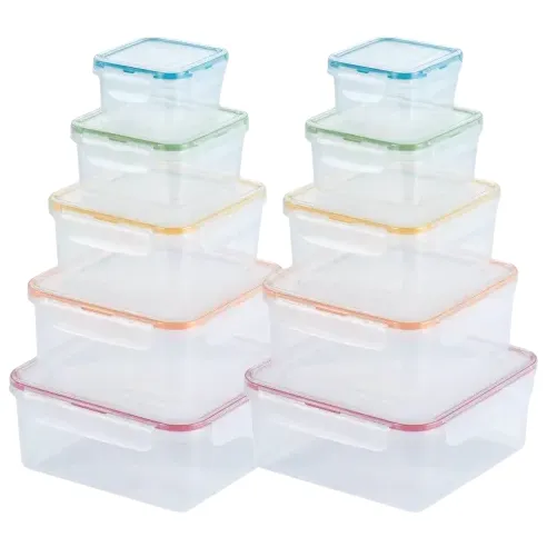 A set of transparent, stackable food storage containers with multicolored lids, varying in size.