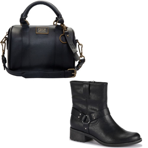 A black leather handbag with gold-tone hardware and a matching pair of black leather ankle boots with buckle details.