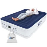 An inflatable air mattress with a navy top and built-in pump, branded \“Active Era,\“ features a person lying on it. A carry bag with the same branding is shown in the foreground.
