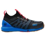 A black, blue, and red athletic shoe with a knit upper, lace-up closure, and a labeled sole, designed for performance and style with a sporty look.