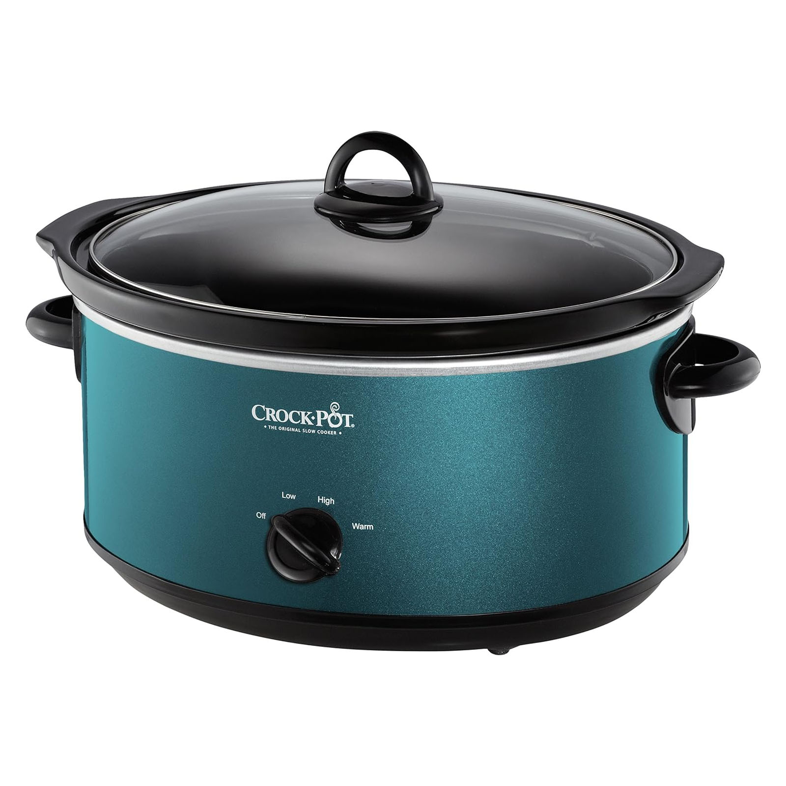Teal Crock-Pot slow cooker with a 7-quart capacity, featuring a black glass lid, side handles, and a front control knob with \“Off,\“ \“Low,\“ \“High,\“ and \“Warm\“ settings.