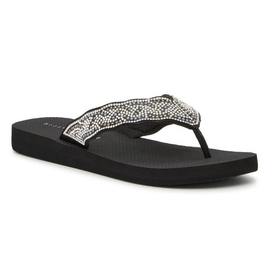 Black flip-flop with a thick strap adorned with sparkling rhinestones, featuring a cushioned sole for comfort.