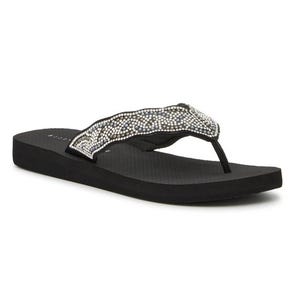 Black flip-flop with a thick strap adorned with sparkling rhinestones, featuring a cushioned sole for comfort.