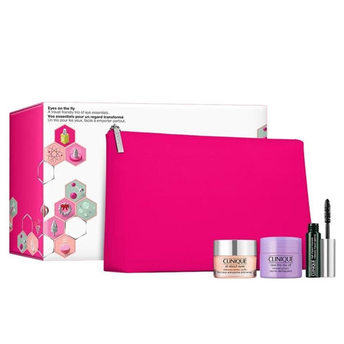 Clinique Eyes on the Fly Set includes a vibrant pink pouch, eye cream, makeup remover, and mascara, neatly packaged with a holiday-themed box.