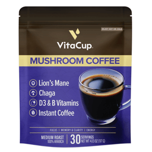 VitaCup Mushroom Coffee with Lion's Mane, Chaga, D3 & B Vitamins, instant medium roast Arabica, 30 servings, net weight 4.13 oz (117 g). Enjoy hot or cold for focus, memory, clarity, and energy.