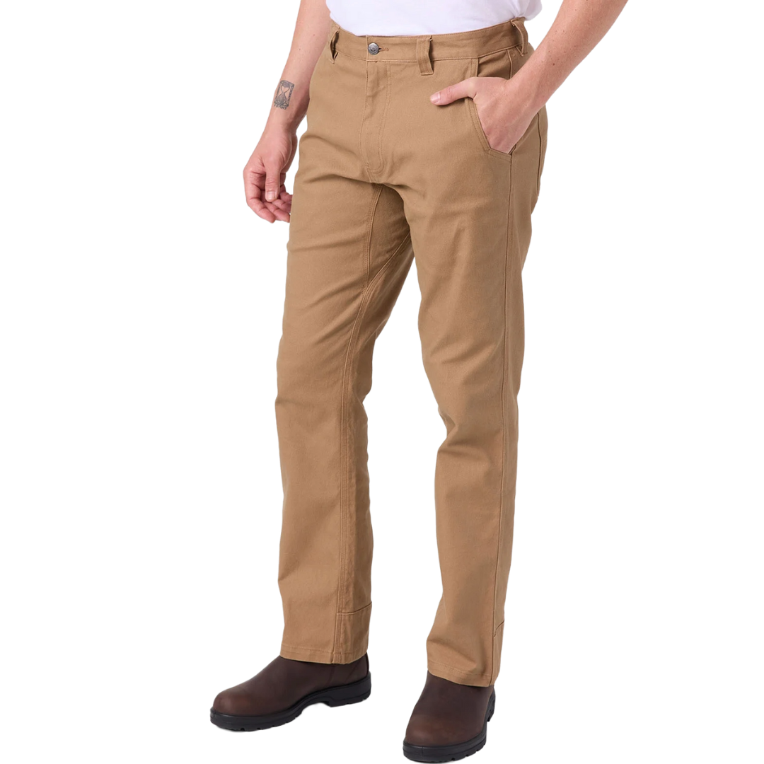 Tan work pants with side front pockets, belt loops, and a button closure, paired with brown boots.