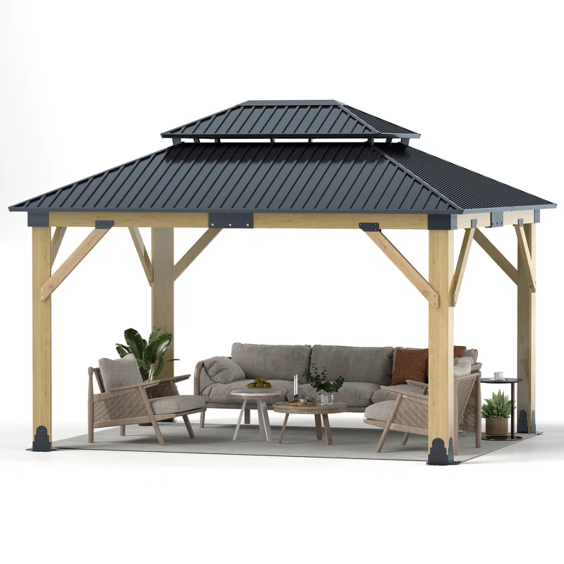 A gazebo with a dark roof and natural wood frame, furnished with a sofa, chairs, and a coffee table.