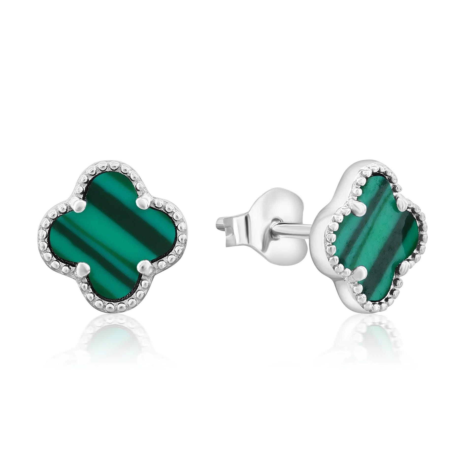 Silver stud earrings with a clover shape, featuring green malachite stones.