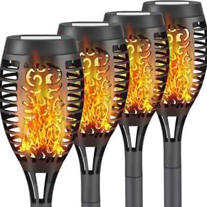 Set of four solar-powered torch lights featuring realistic flame effects with a black, decorative lattice design. Ideal for outdoor lighting and ambiance.