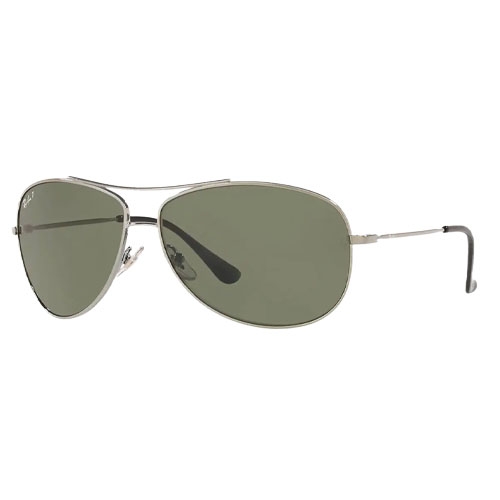 Aviator-style sunglasses with a silver metal frame and green tinted lenses.