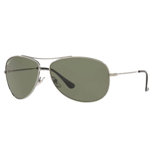Aviator-style sunglasses with a silver metal frame and green tinted lenses.