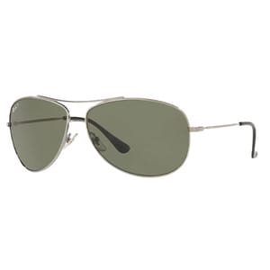 Aviator-style sunglasses with a silver metal frame and green tinted lenses.