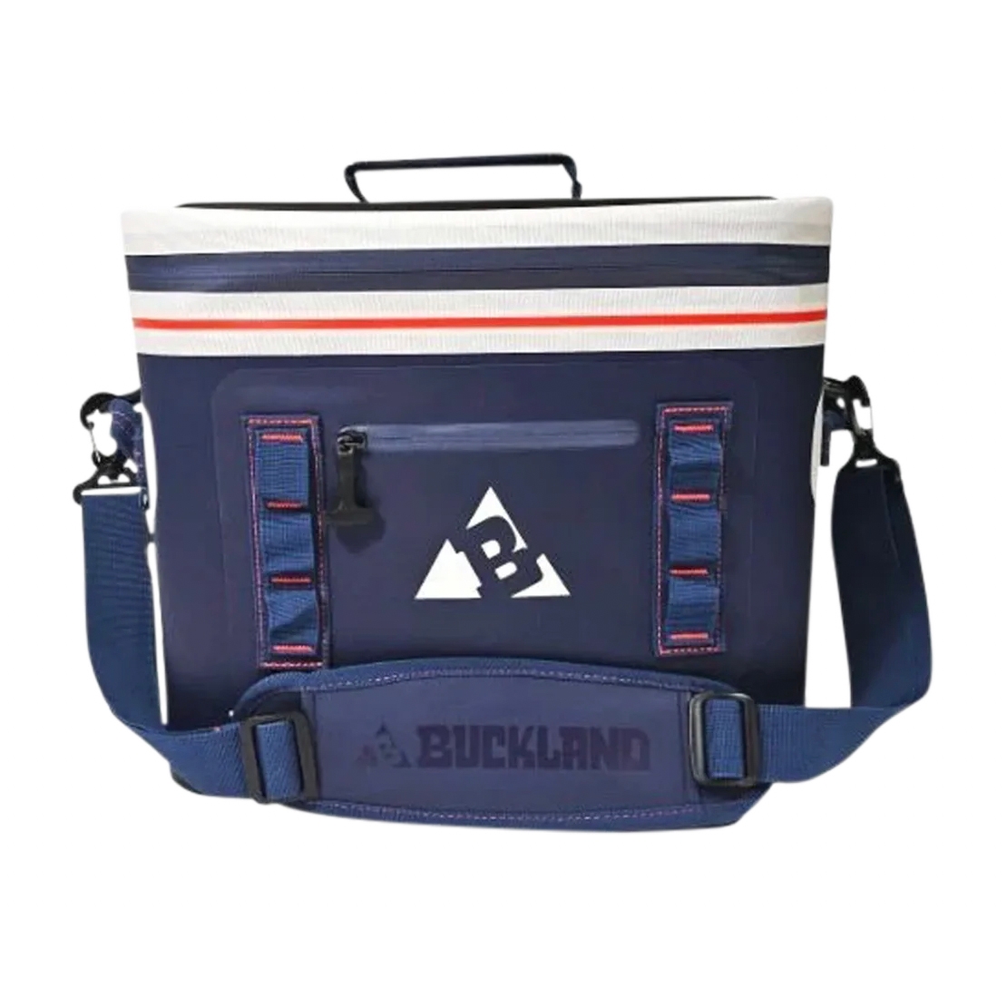 Buckland shoulder cooler bag with a blue and white design, featuring a top handle, adjustable shoulder strap, front zipper pocket, and the Buckland logo.