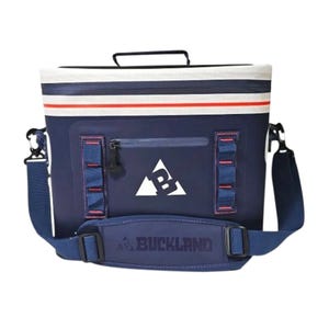 Buckland shoulder cooler bag with a blue and white design, featuring a top handle, adjustable shoulder strap, front zipper pocket, and the Buckland logo.