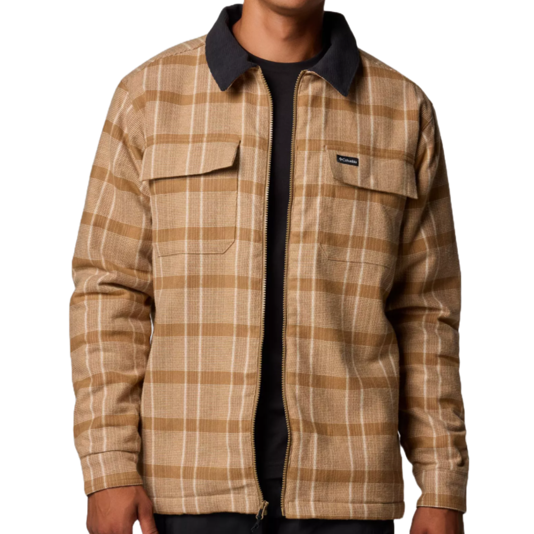 Tan and brown plaid jacket with a black collar and zip closure, featuring two flap chest pockets and subtle branding.