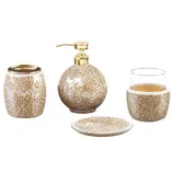 Bathroom accessory set featuring a soap dispenser, tumbler, toothbrush holder, and soap dish, all with a mosaic design in gold and white with a glossy finish.