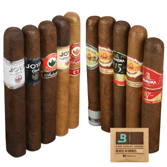 A collection of various branded cigars with different colored bands arranged side by side.