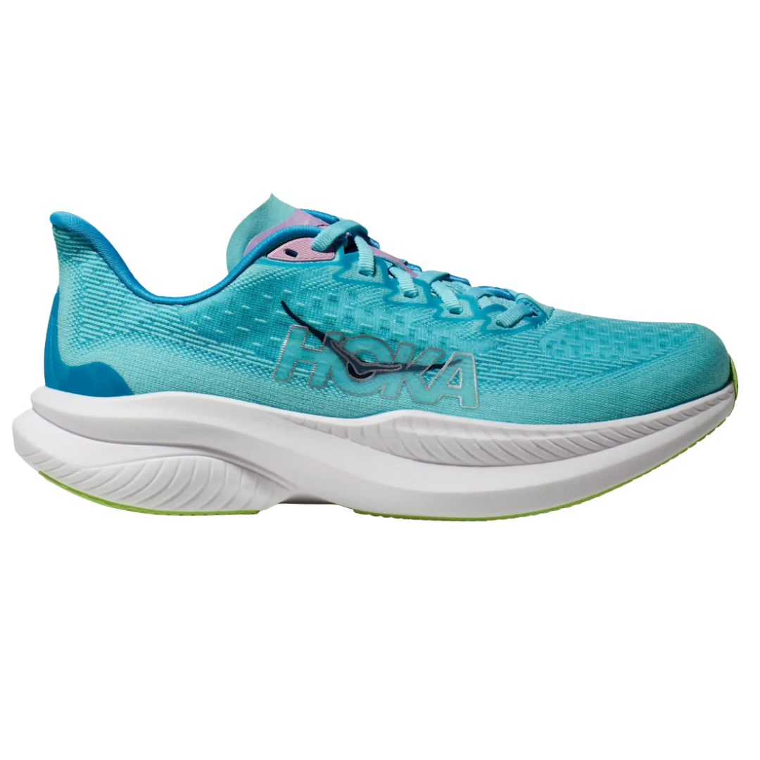 A blue Hoka running shoe with a thick white sole and \“HOKA\“ branding on the side.