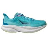 A blue Hoka running shoe with a thick white sole and \“HOKA\“ branding on the side.