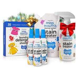 Miss Mouth's Stain & Laundry Bundle includes a stain treater spray (24 fl oz), stain treater refills (473 ml), three travel-size stain treater sprays (4 fl oz each), and a pack of 30 hypoallergenic laundry detergent sheets.