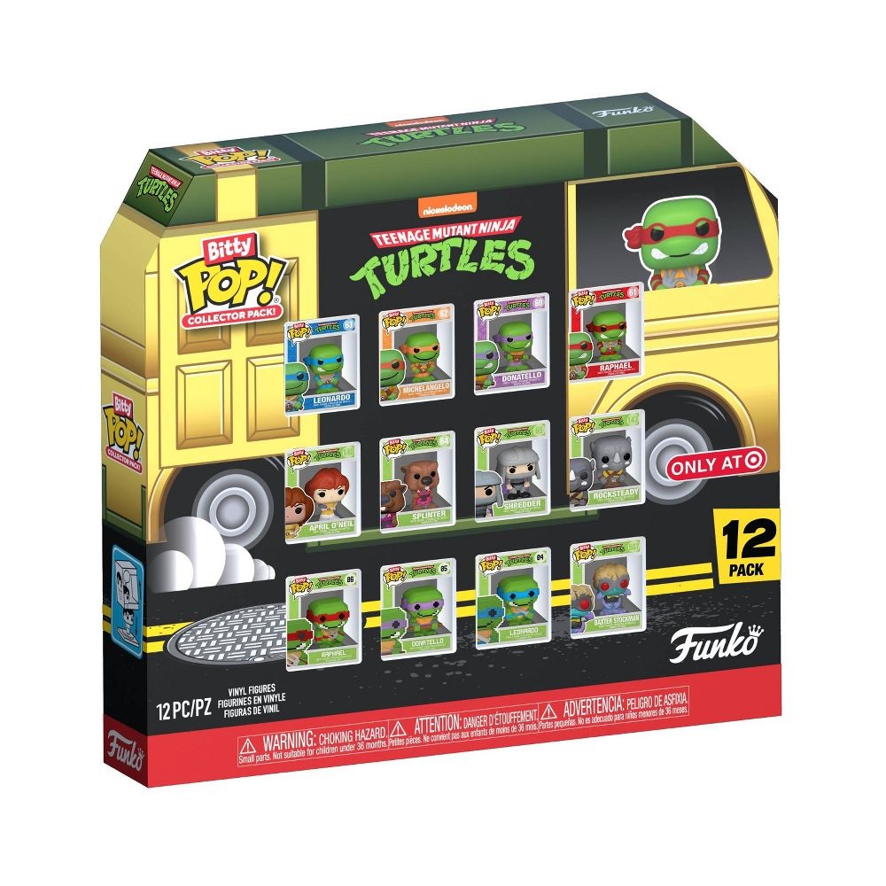 Bitty Pop! Collector Pack featuring 12 Teenage Mutant Ninja Turtles vinyl figures, including Leonardo, Michelangelo, Donatello, and Raphael, along with April O'Neil, Splinter, and others. Exclusive to Target.